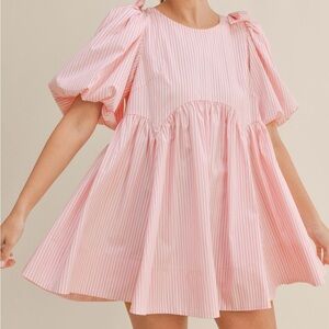 Pink Striped Babydoll Puff Sleeves Mini Dress - Oversized